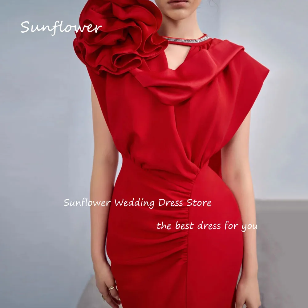 Sunflower Red O-Neck 3D Flowers Crepe Mermaid 2024 Slim Short Sleeves Ocassion Gown Ankle-Length Formal Evening Dress