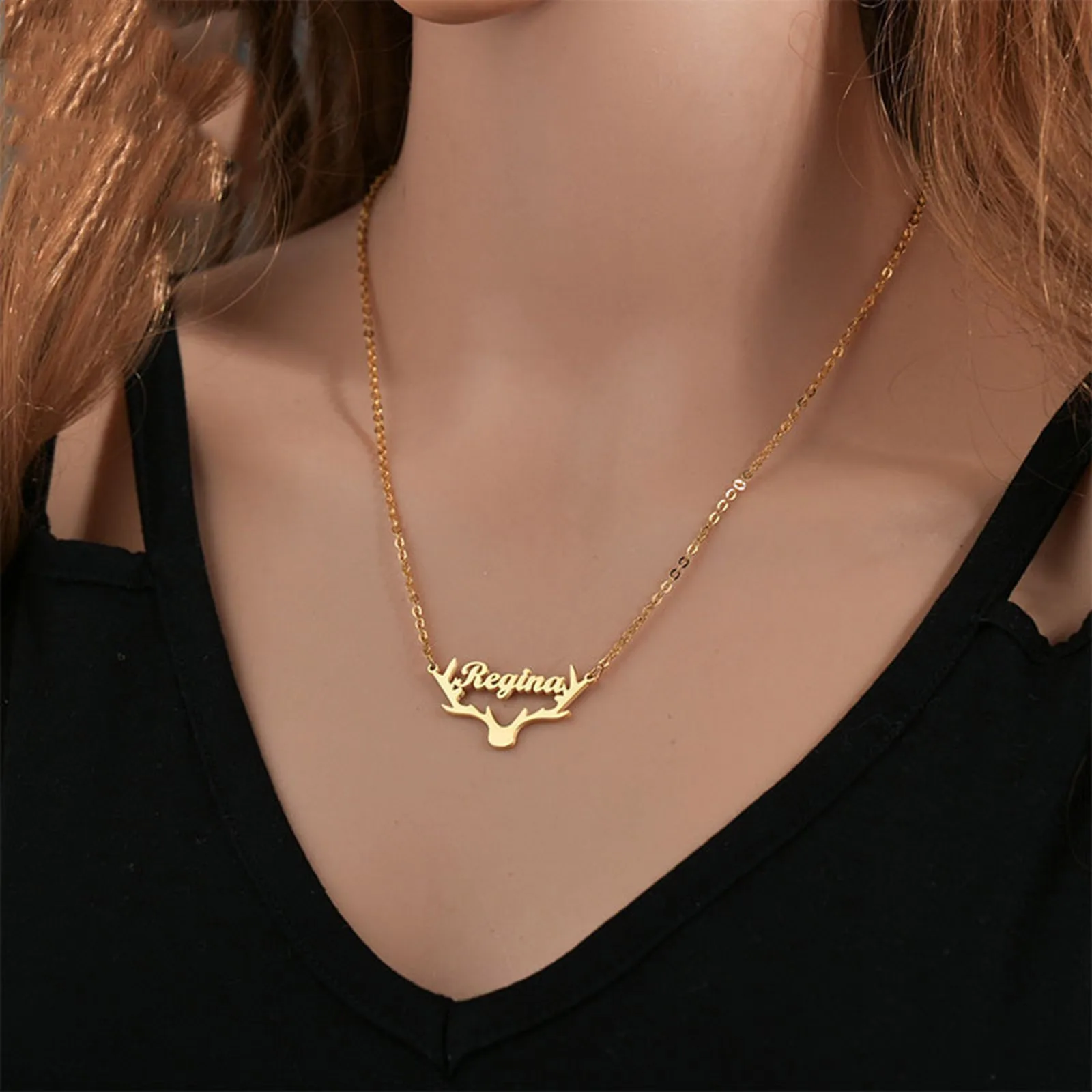 

304 Stainless Steel Customized Name Elk Antler Pattern Necklace Personalized Letter Nameplate Pendant 45cm(17 6/8") Long, 1Piece