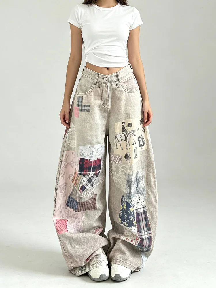 Women's Khaki Printed Loose Jeans Y2K Japanese Harajuku Streetwear Vintage Denim Long Trousers Retro Blue Jeans Clothing 2026