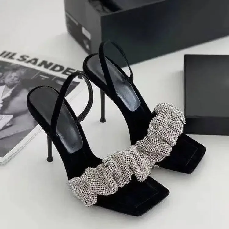 

Summer Fashion Design PU High Heels Women's Shoes Square Toe 7 Cm Non Slip Rhinestone Pumps Bling Women Sandals 2023