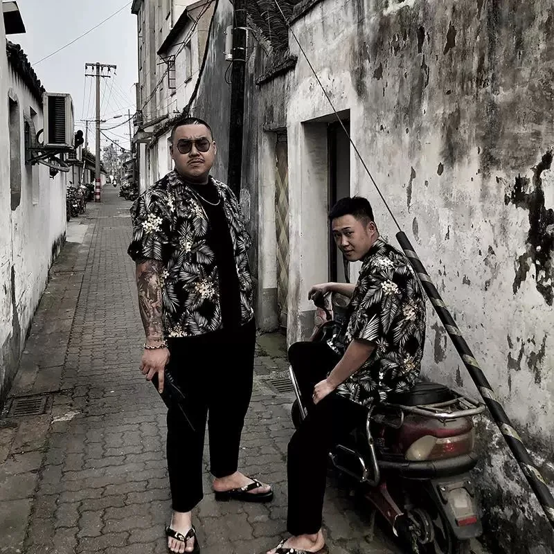 Men Tropical Print Japanese Style Shirts Tops Male Summer Ins Chic Gothic Punk Hippie Y2K Blouse Casual Holiday Sexy Streetwear