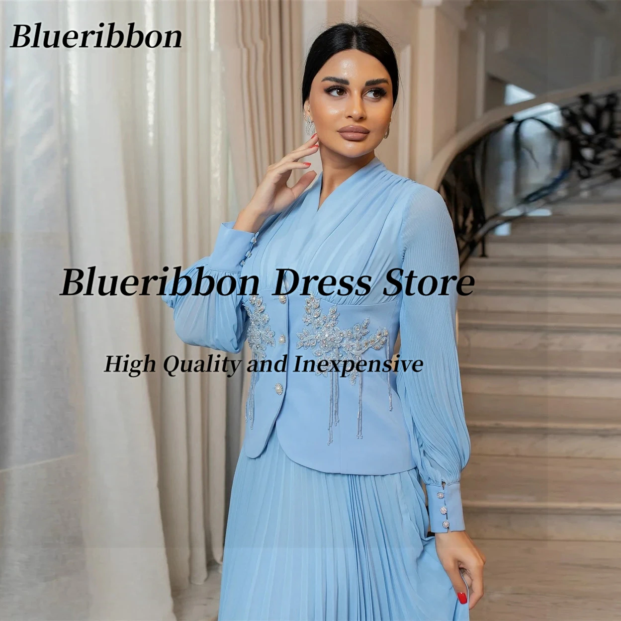 Blueribbon Elegant Long Sleeves Evening Dresses with Applique Tassels Customized Prom Dress Pleats Chiffon Wedding Party Gowns