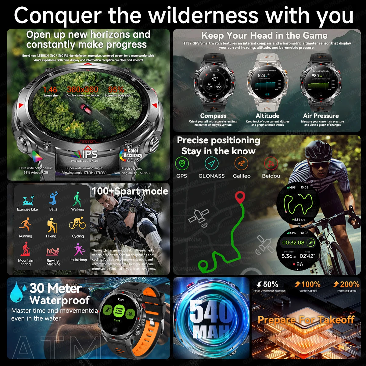 2025Новые уличные военные умные часы для мужчин 1,46 дюйма AMOLED встроенный GPS компас высотомер 3ATM водонепроницаемые часы BT Call SmartWatches