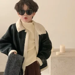 Children's Jacket 2024 Winter Boys Korean Version Casual Fur Collar Leather Jacket Children's Thickened Zipper Leather Jacket