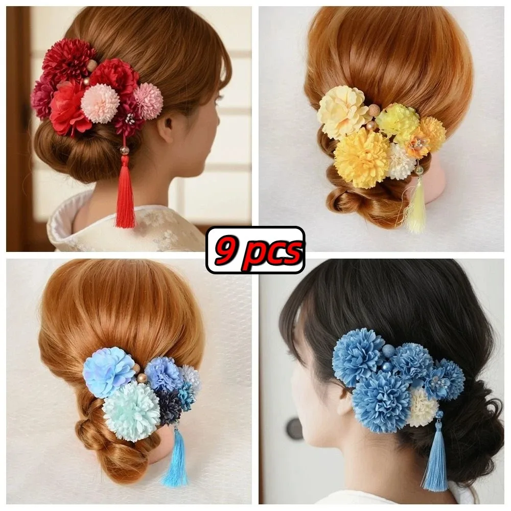 Japanese Style Flower Hair Forks Flower Handmade Japanese Kimono Hair Clips Vintage Cloth Tassels Hair Stick Yukata Festival