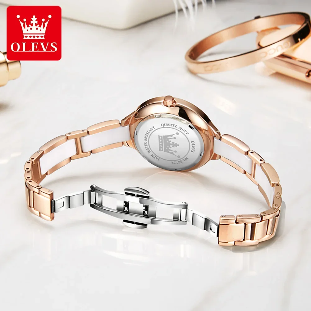 OLEVS Ceramics High Quality Quartz Watches for Women Stainless Steel Strap Fashion Waterproof Women Wristwatches