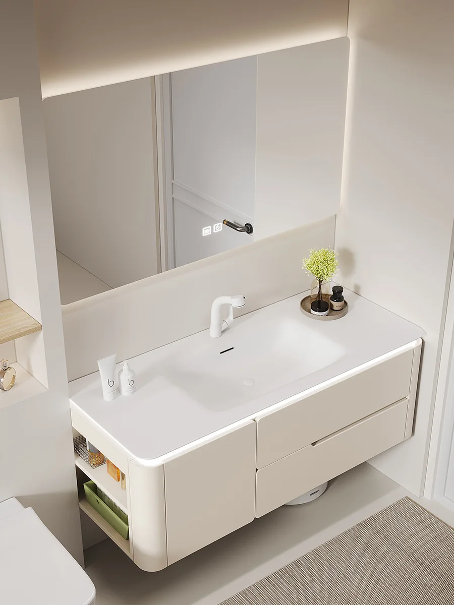 Xiaohongshu Rock Plate Seamless Integrated Ceramic Basin, Bathroom Cabinet Combination, Oak Baking Paint, Skin Feel