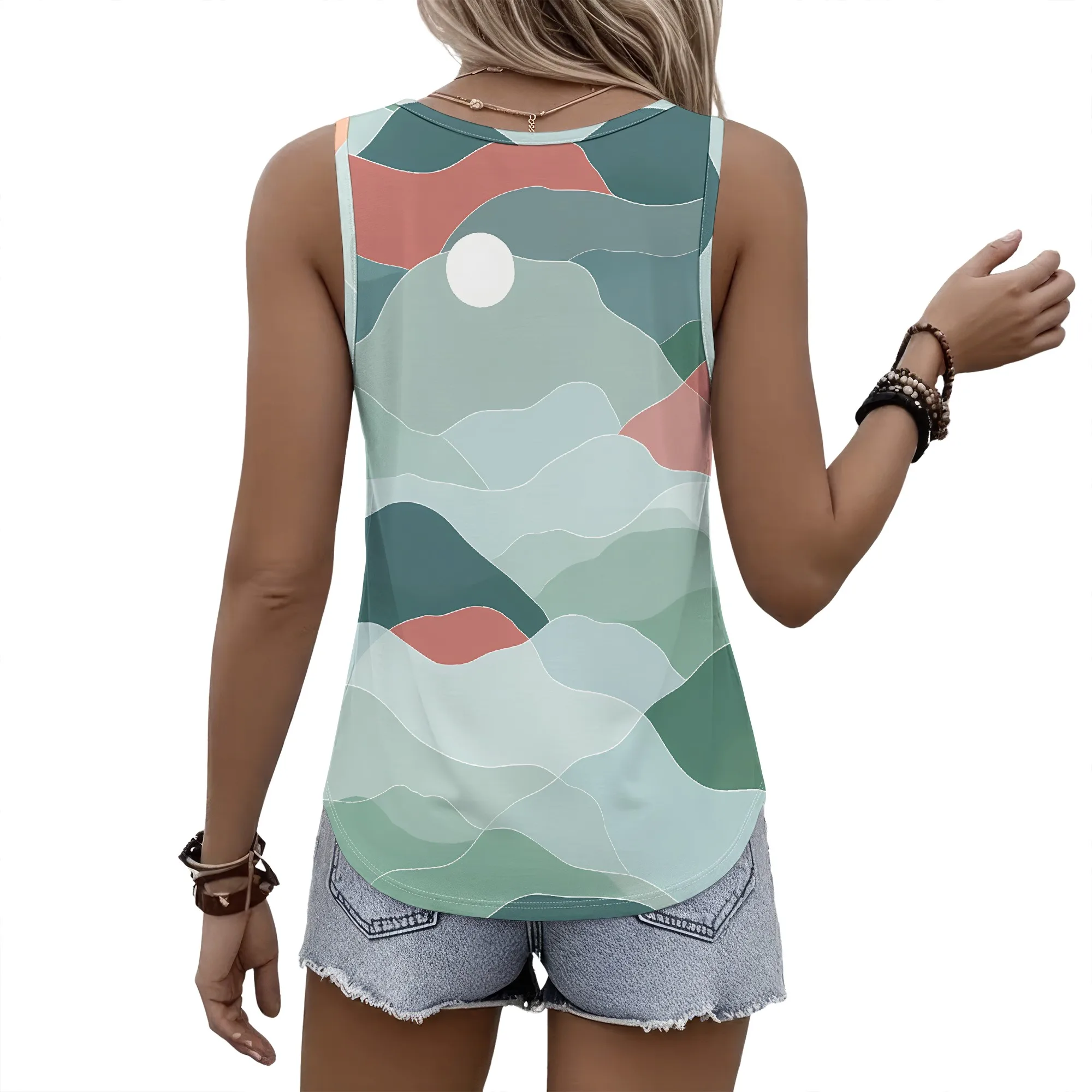 Abstract Wave Print Tank Top, Pastel Color Block Sleeveless Shirt, Summer Casual Loose Fit Tee for Women, S-2XL