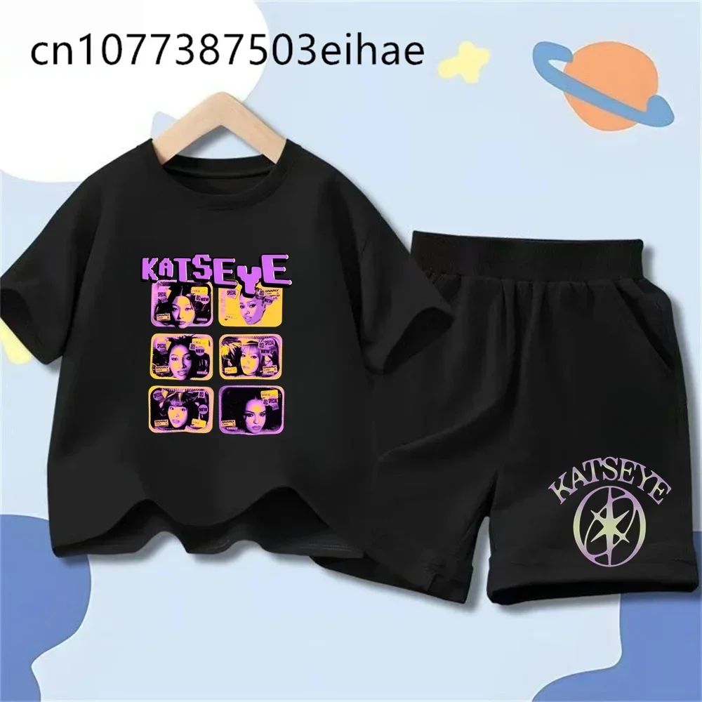 Kids Hip Hop Streetwear Katseye Funny Print Boys Girls Short Sleeve Shorts Set Casual Sportswear Trendy Youth Fashion Clothing