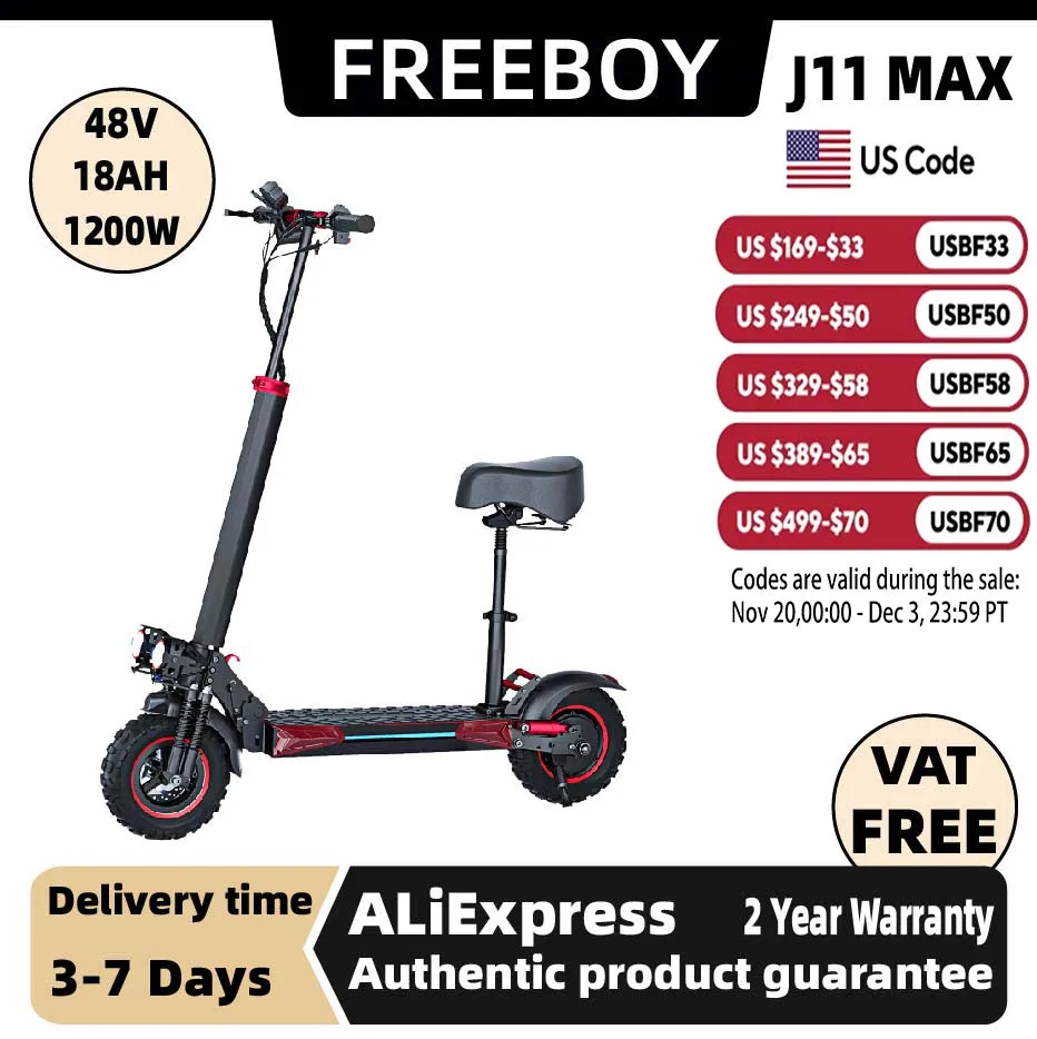 

FREEBOY J11 MAX Adult Electric Scooter 1200W Motor 48V 18AH Folding E-Scooter 11 Fat Tire E-Mountain Scooter