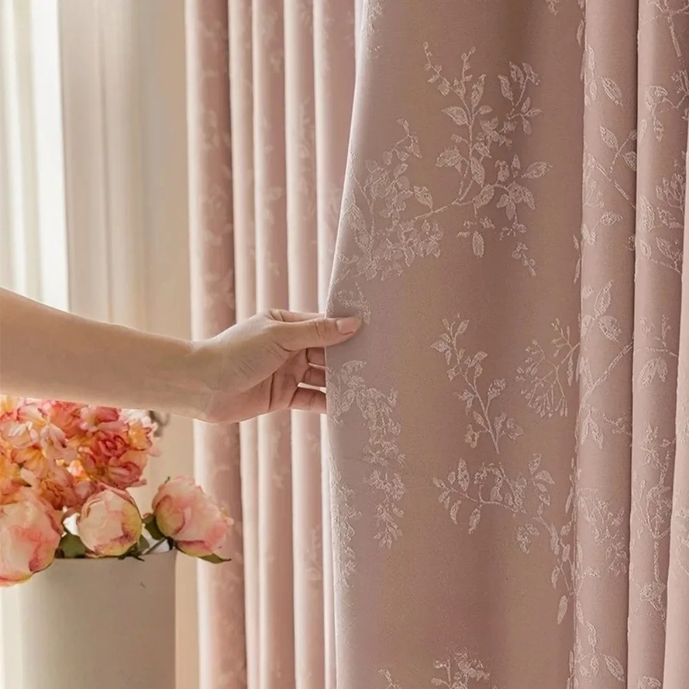 Thickened Pink Plant Jacquard Blackout Curtains for Living Room Bedroom Thermal Insulated Noise Reducing Privacy Drapes Custom