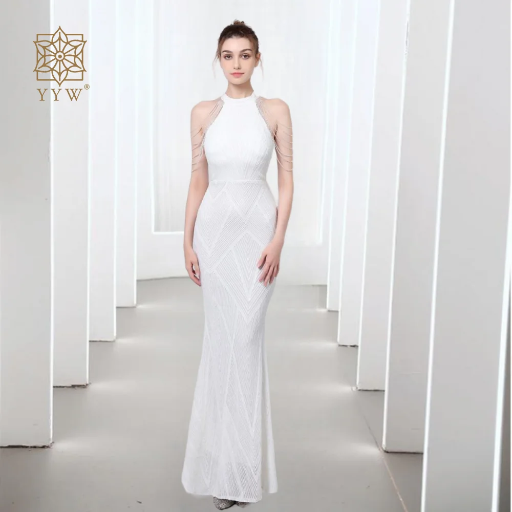 

White Slim Mermaid Dress For Women Neckline Luxury Female Evening Dress Maxi Ladies Wedding Guest Party Ball Gown Celebrate Robe