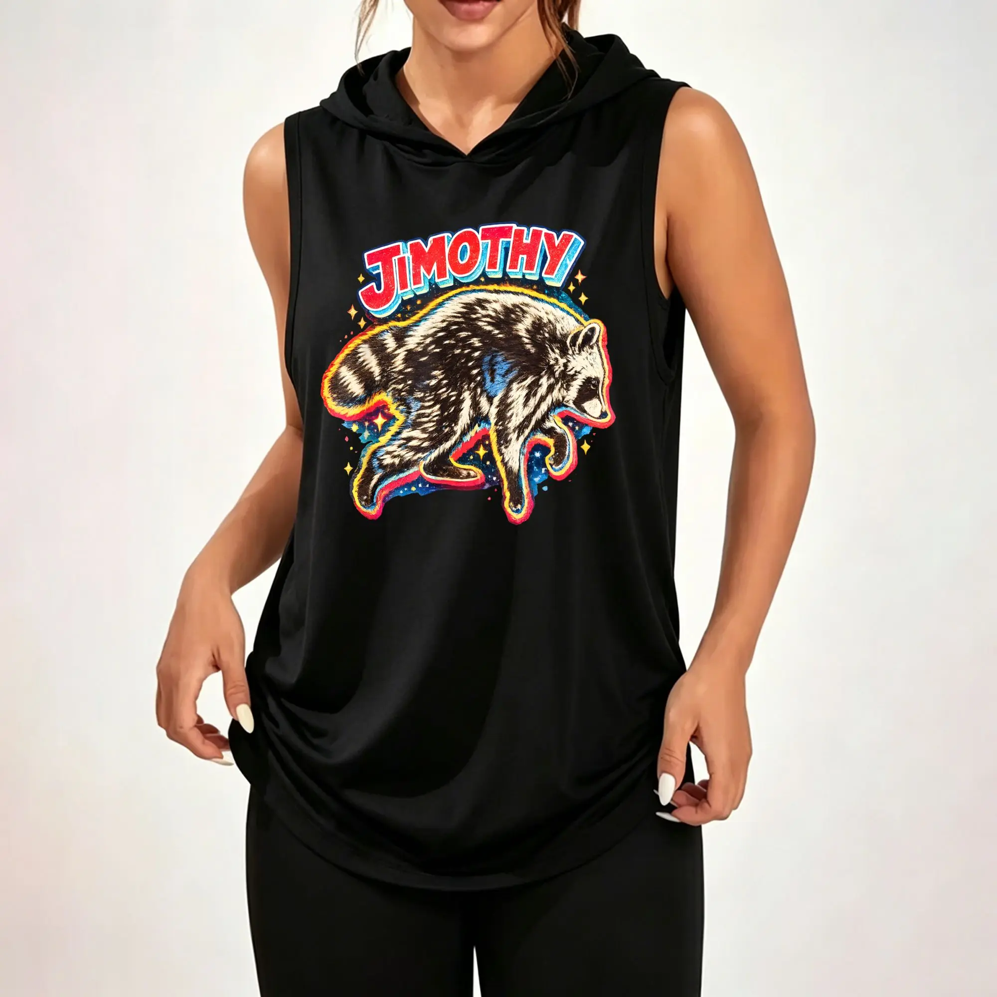 Women's Sleeveless Hoodie, Jimothy Raccoon Retro Colorful Glitter Star Graphic Print Casual Hooded Tank Top