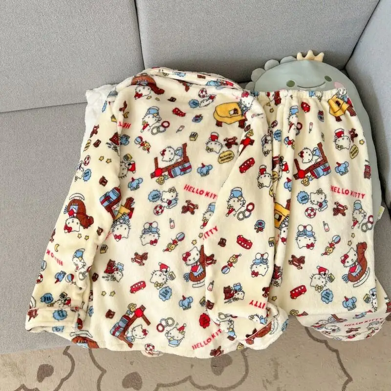 

Kt Cat Flannel Pajamas Set Women Winter Fleece Long Sleeve Cute Student Coral Fleece Homewear Loungewear Outfit Kawaii Nightwear