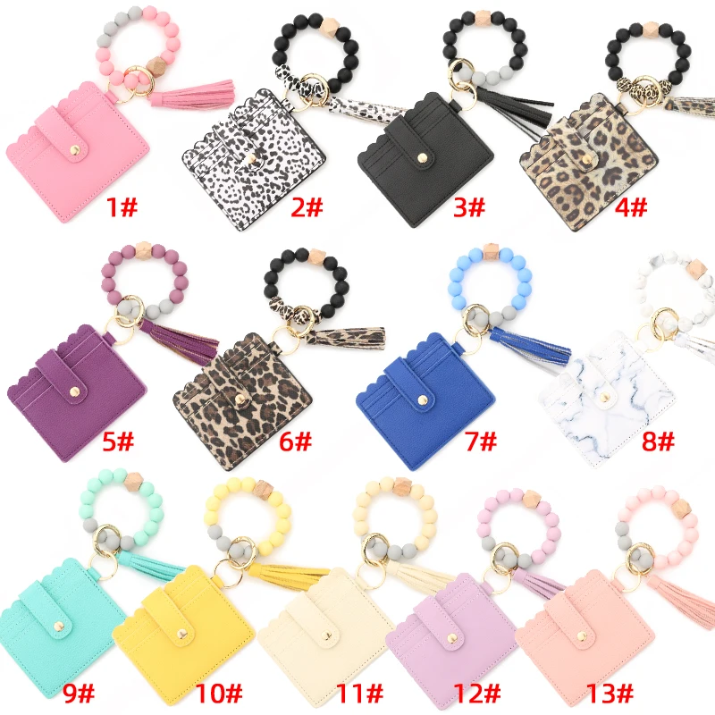 Silicone Bead Bracelet Solid Leather Card Bag Wristlet Keychain Silicone Beaded Bracelet Leather Tassel Wallet Bangle