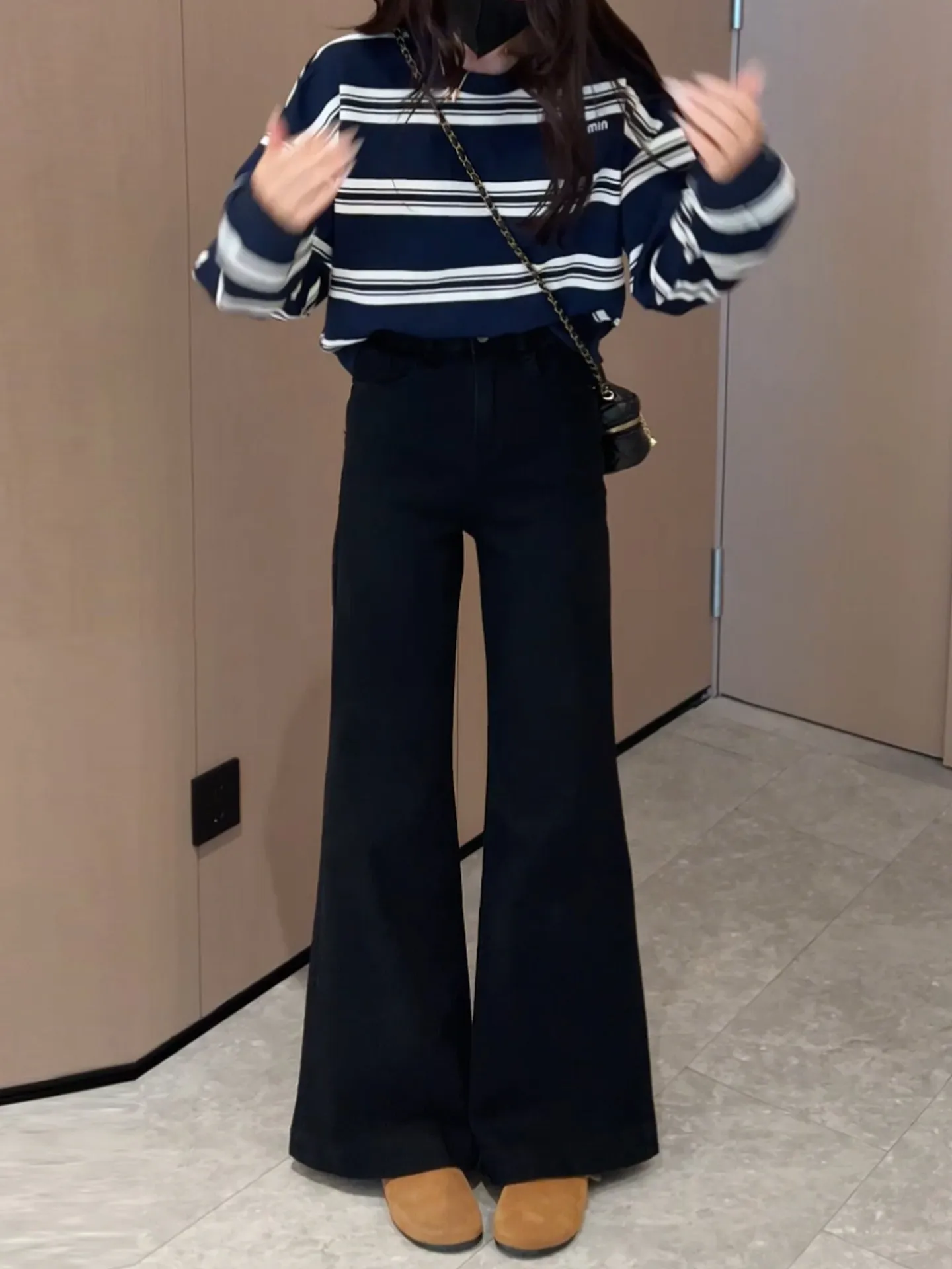

High Waist Flared Jeans Women's Fleece Lined Non Fitting Floor Length Pants Vintage Style Cotton Stretch Denim Warm Trousers