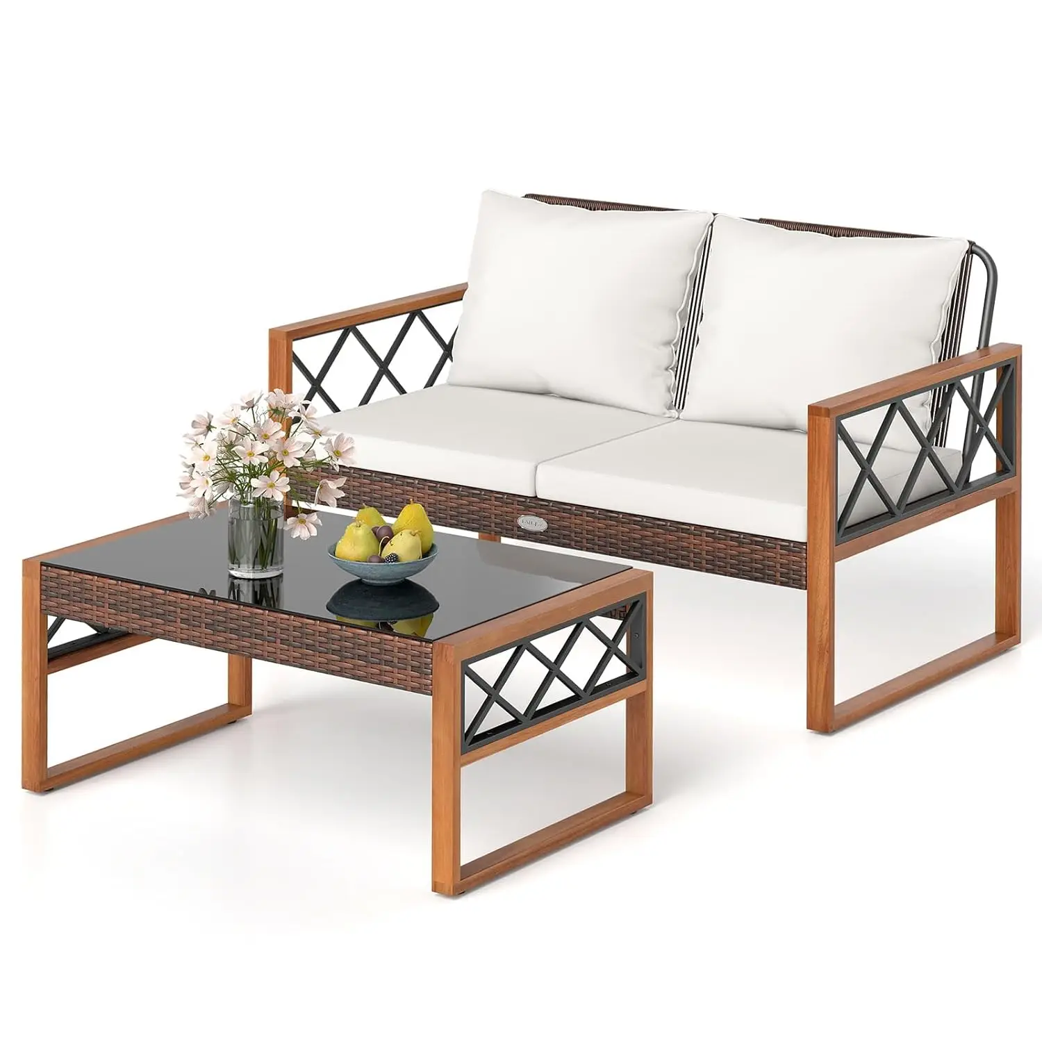 

2 Pieces Outdoor Acacia Wood Loveseat and Table Set, Heavy Duty Patio Conversation Set for Porch, Deck and Backyard, Customized