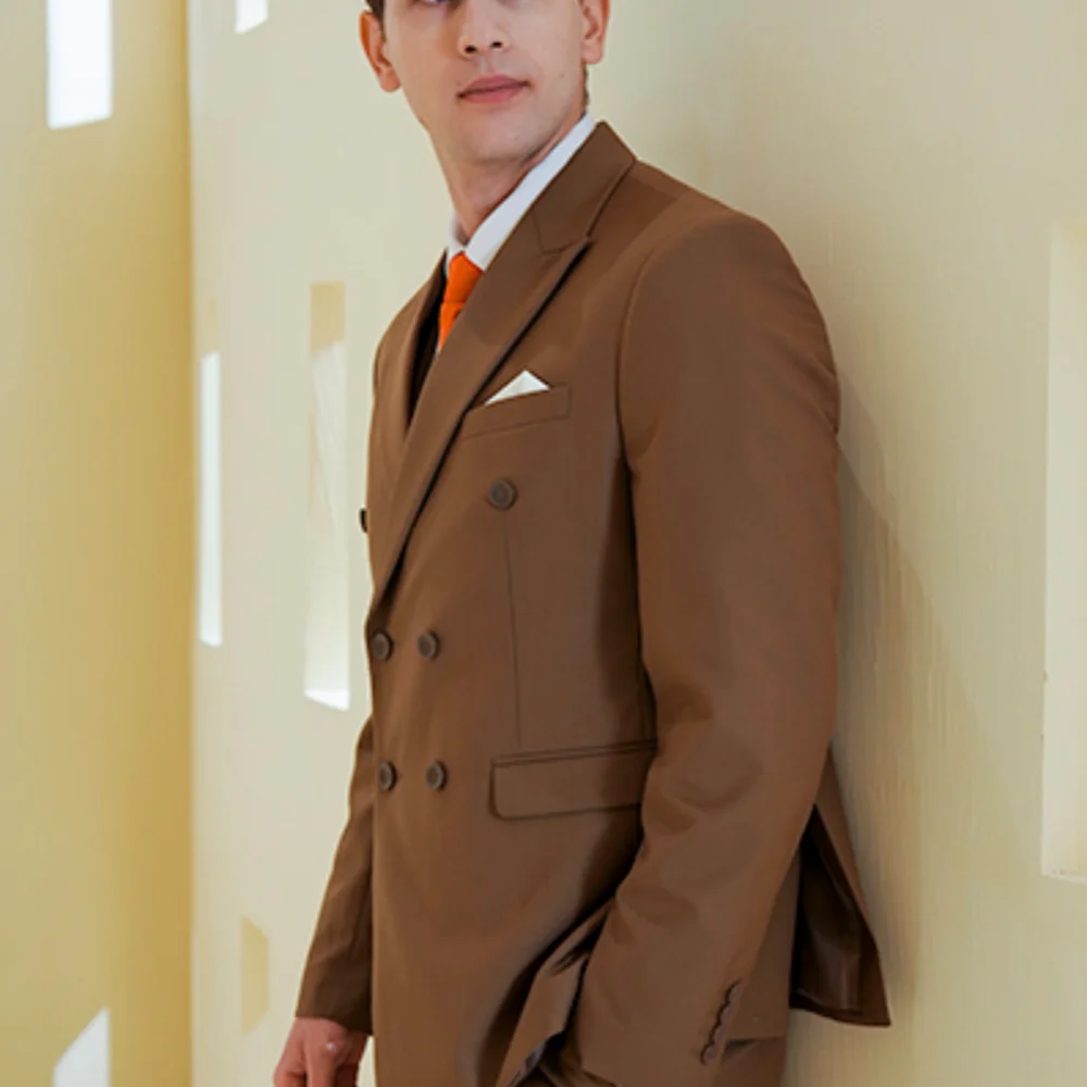 بدلة رجالي مكونة من قطعتين مزدوجة الصدر بقصة ضيقة وسترة وسروال لحفلات الزفاف وحفلات العودة للوطن #1