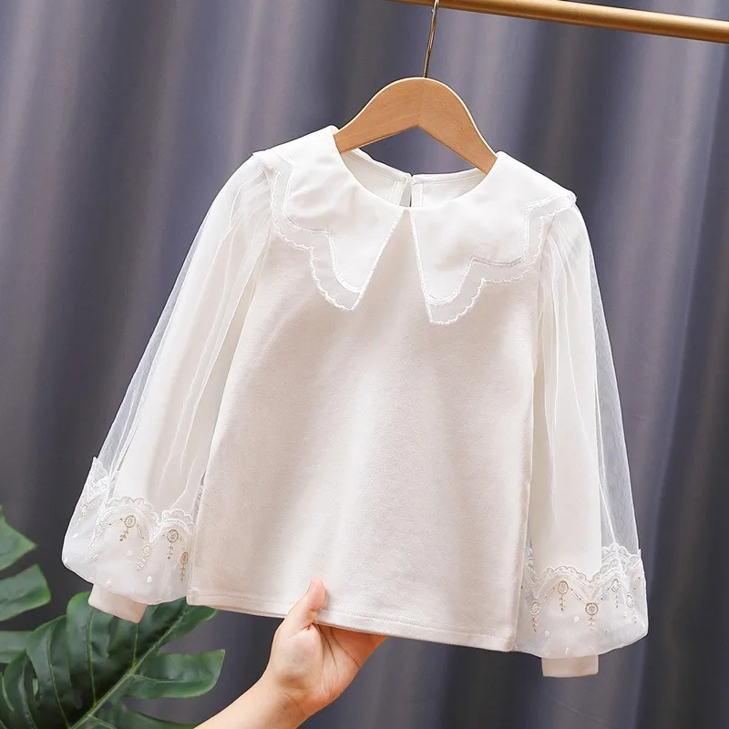 Spring Autumn Kids Girls Cotton Puff Sleeve Top  Little Girl Peter Pan Collar Blouse  Children Casual Inner Shirt