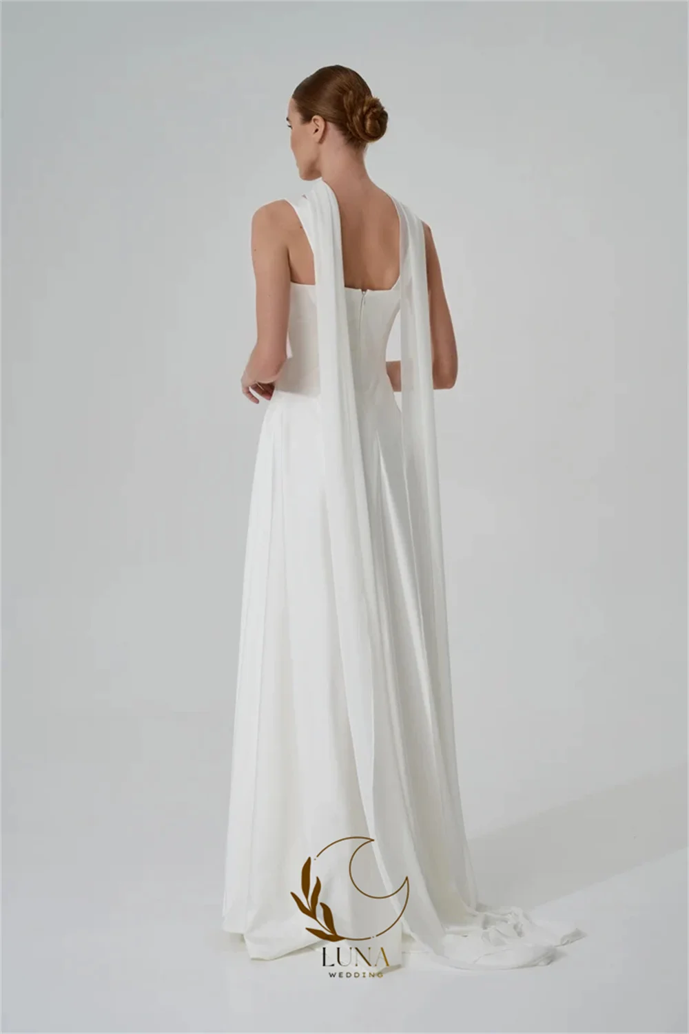 Luna Simple Civil Wedding Dresses Sleeveless Floor-Length Bridal Photography Gown with Scarf A Line Satin Customized Dress