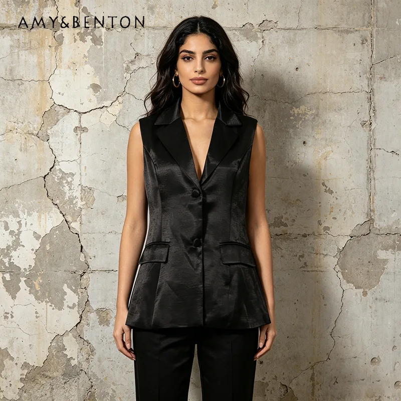 Personalized European American Sleeveless Women's Vest 2026 New Solid Color V-neck Backless Chain Design Suit Blazers Ladies