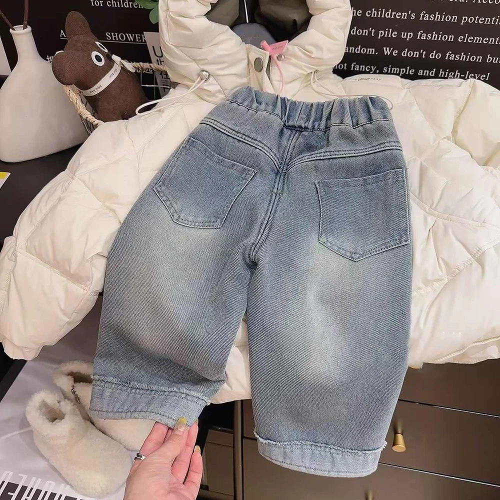 Girls Pearl Bow Denim Pants 2025 Spring Autumn Elastic Waist Straight Wide Leg Pants Korean Style Kids Jeans Children Clothes