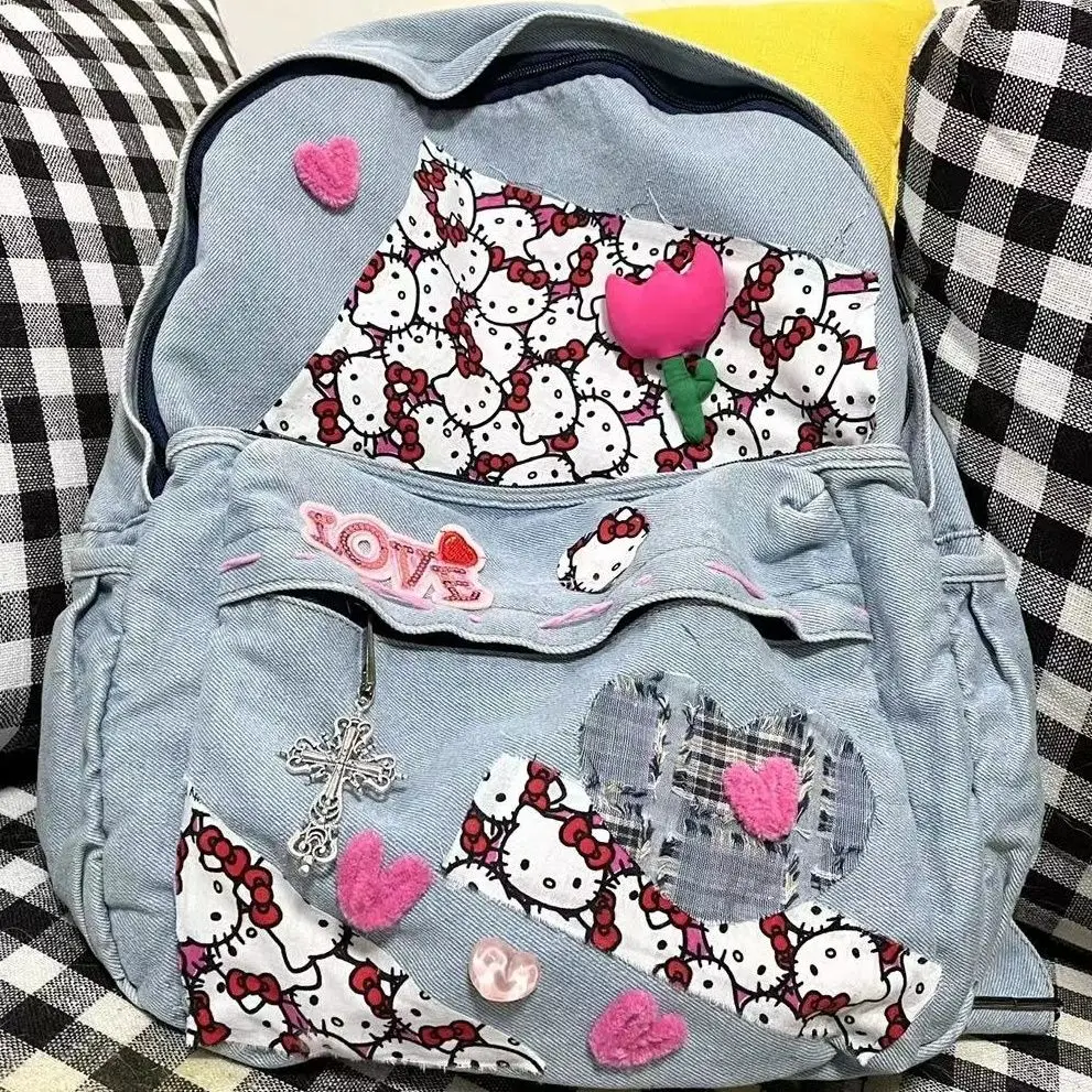 TAKARA TOMY2022 New Hello Kitty Girls Denim Large-capacity Cute Backpack Students Hit Color Stitching Do The Old Sweet Schoolbag