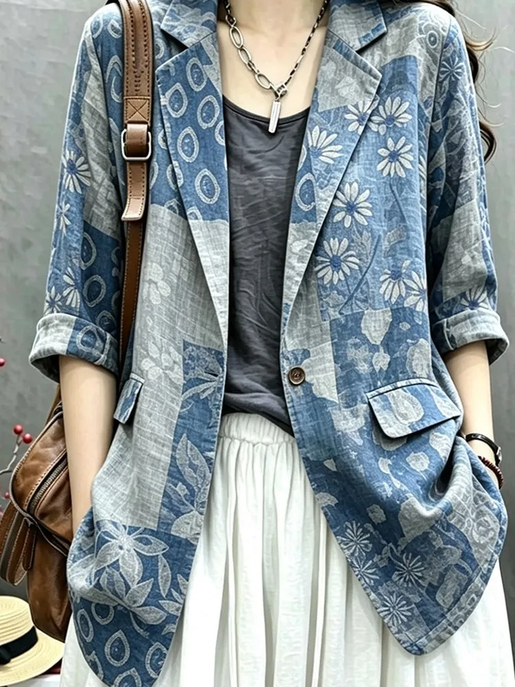 Summer Thin Cotton Linen Printed Casual Loose Fit One Button Short Sleeve Seven Inches Women's  Jacket Breathable