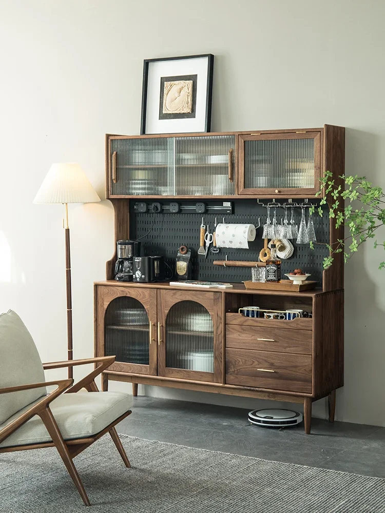 Black walnut coffee cabinet Nordic bar counter integrated with high wall cabinet to store Japanese wine cabinet