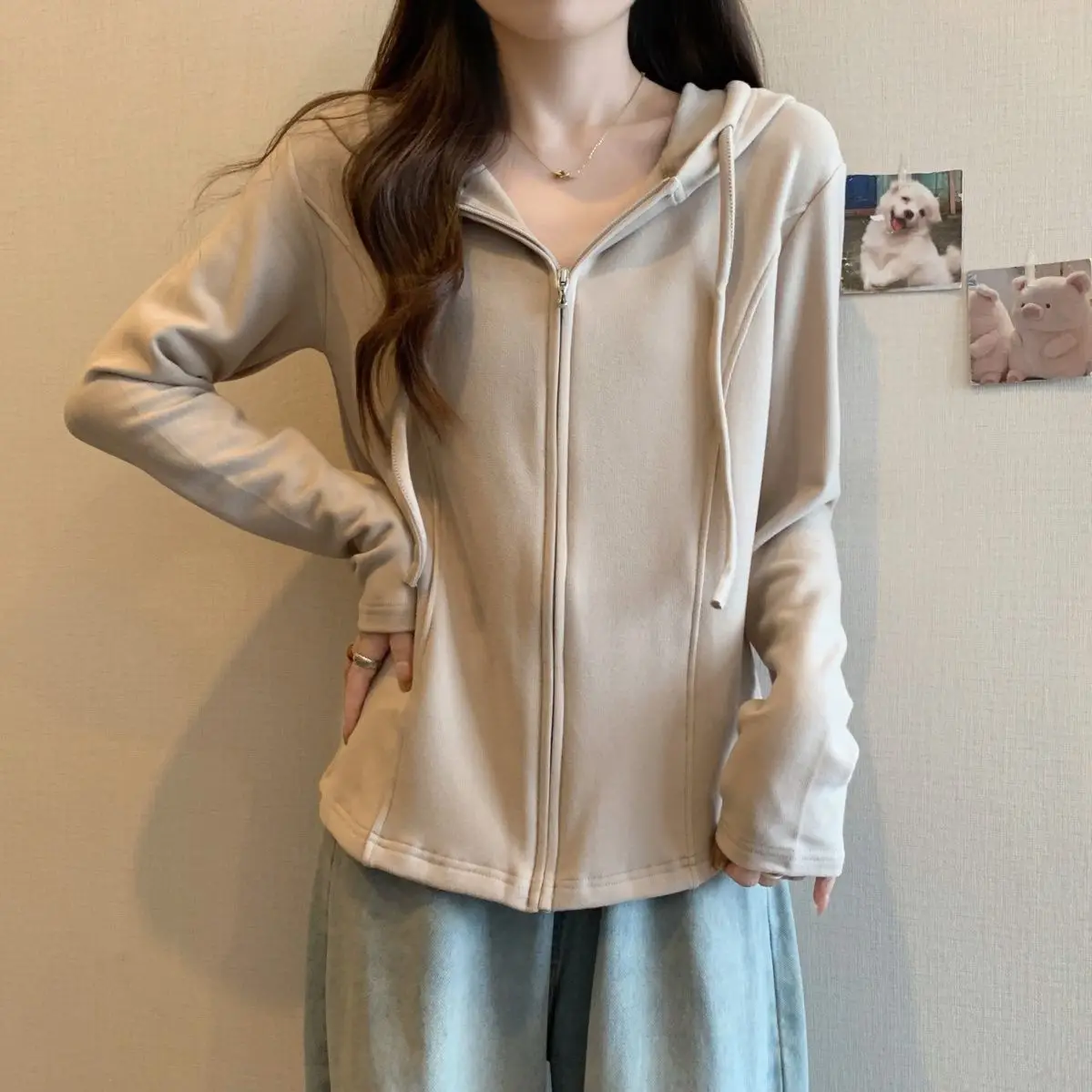 Beige Zip-Up Hooded Cardigan Women Slim Fitted Long Sleeve Drawstring Hood Lightweight Casual Outerwear Jacket