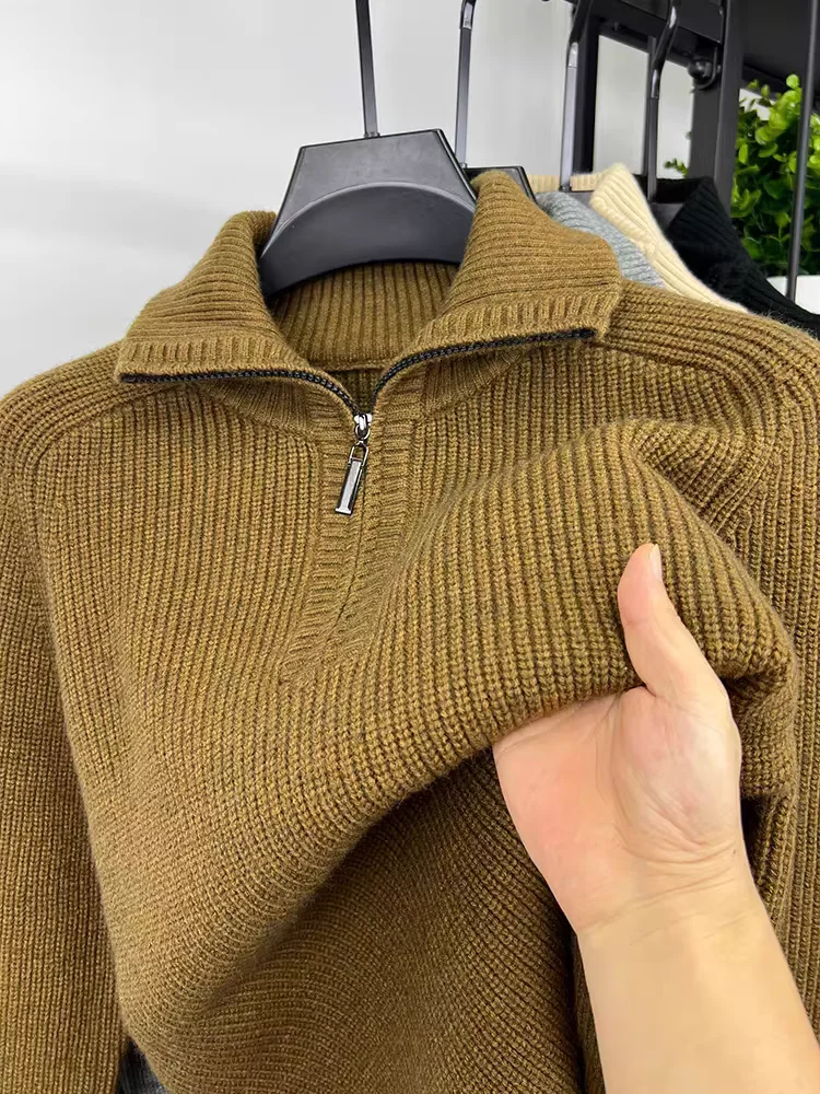 High quality luxury 2024 autumn and winter fashion new trend solid color lapel men's sweater casual warm thick  knit  pullover