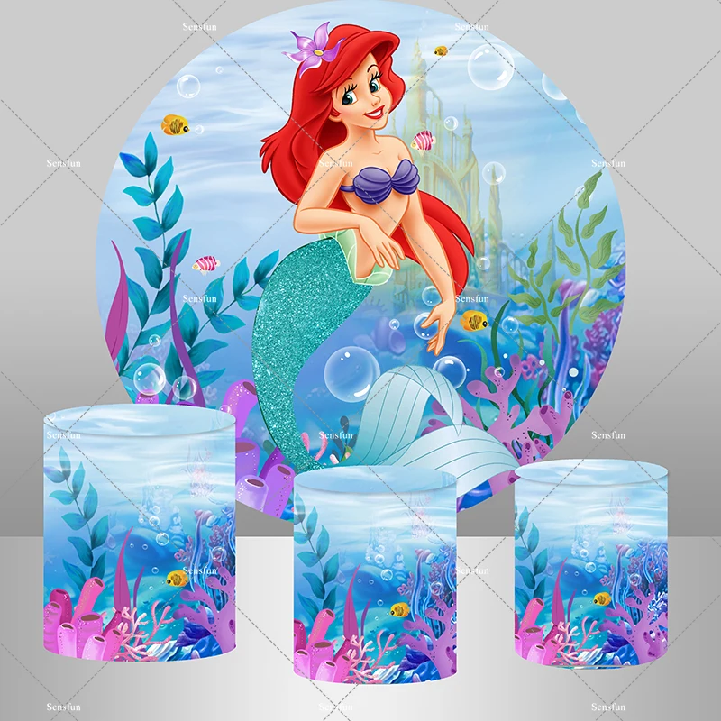 Under The Sea Little Mermaid Princess Ariel Round Backdrop Girls Newborn Baby Shower Birthday Party Background Cylinder Covers