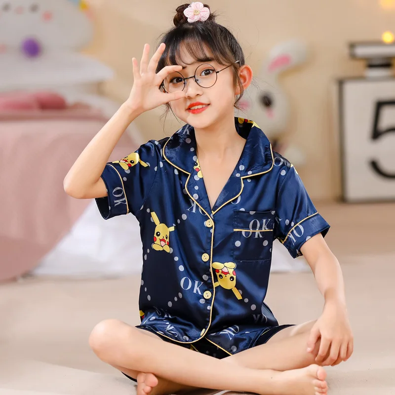 Conjunto de Pijama de 2 Piezas de Pikachu para Niños, Pijama de Verano de Seda de Hielo con Cuello de Solapa y Manga Corta para Niñas y Niños