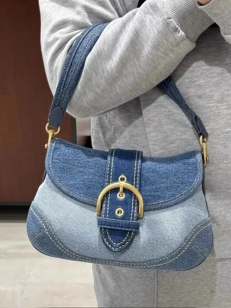 Cowboy Underarm Bag for Women\'s 2024 New Trendy High end Texture Small Popular Commuter Retro Spliced Shoulder luxurious Handbag