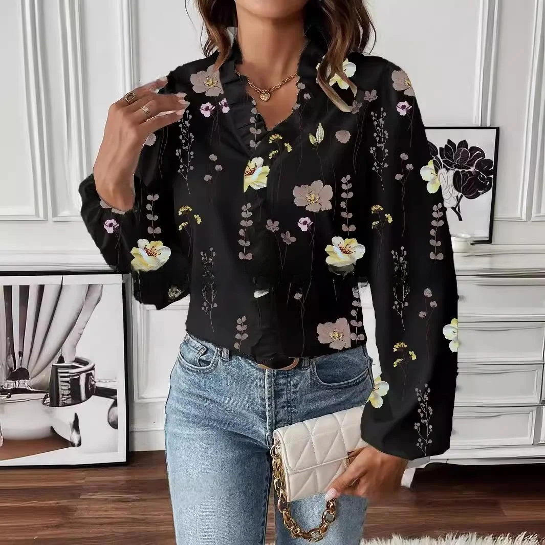 فانوس نسائي طويل مطبوع مع ياقة مكشكشة للتنقل من ألياف البوليستر 00% فانوس Sve نمط زهور رفيع عادي #3