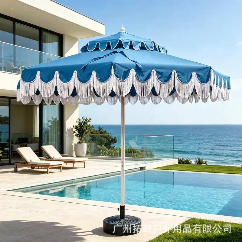 Outdoor central column umbrella, courtyard umbrella, scenic garden parasol, lotus leaf hemming, fringed sun umbrella