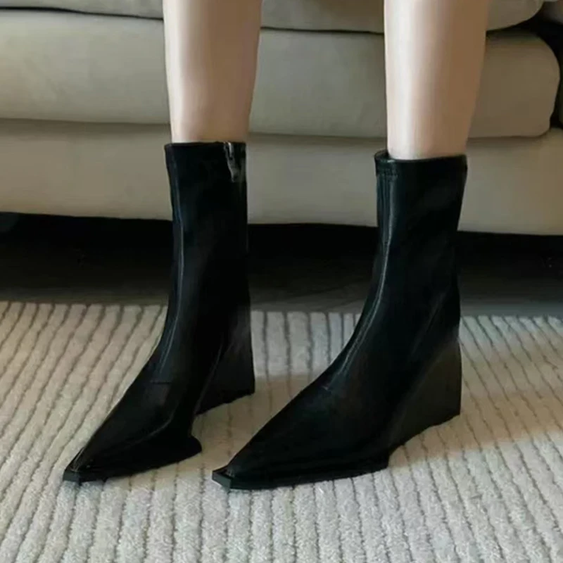 

Wedges Women's Ankle Boots Pointed Toe Fashion Dress Shoes Luxury Sexy Woman Winter Boots 2025 New Designer Mujer Chelsea Botas