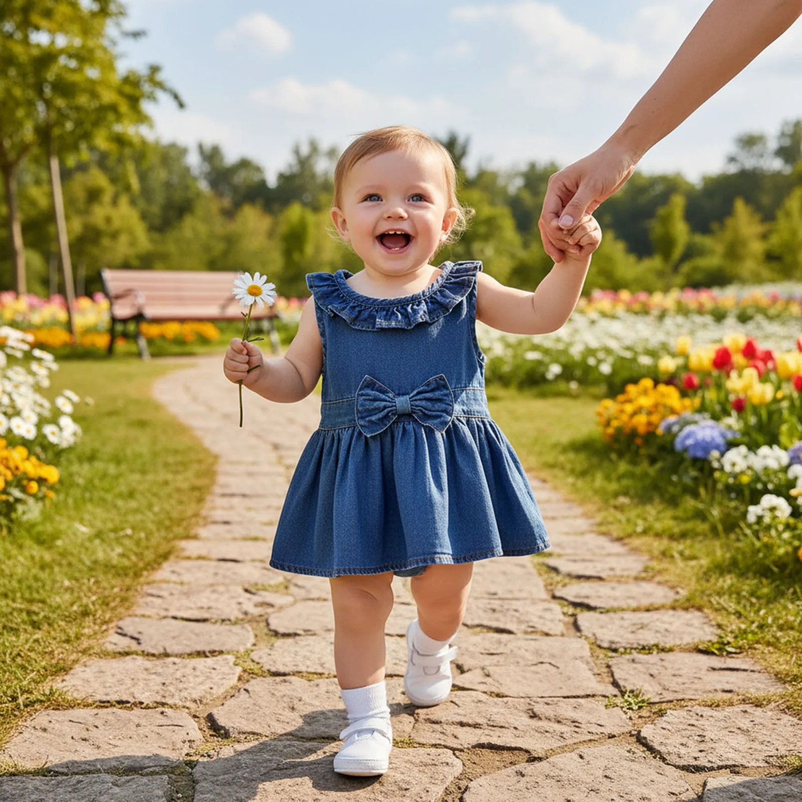 Fashion Baby Girls Summer Jeans Romper Dress Sleeveless Ruffle Collar Denim Bodysuits with Bow Decor