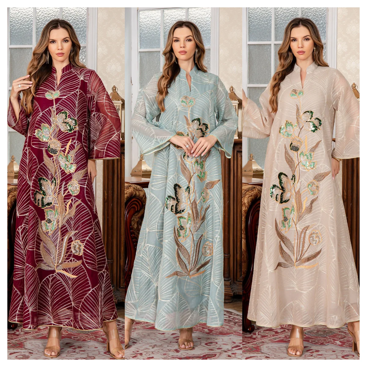 

Luxury Woman Evening Dress Floral Embroidery Abaya Sequins Patchwork Kaftan Mesh Sleeve 2025