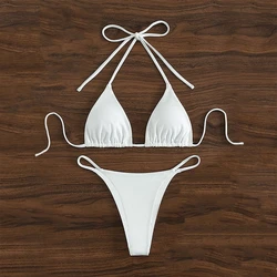 Sexy white Bikini Two Pieces Set Women Simple Solid Halter Lace Up Swimsuit High Waist Beachwear Bathing Suit Summer Swimwear