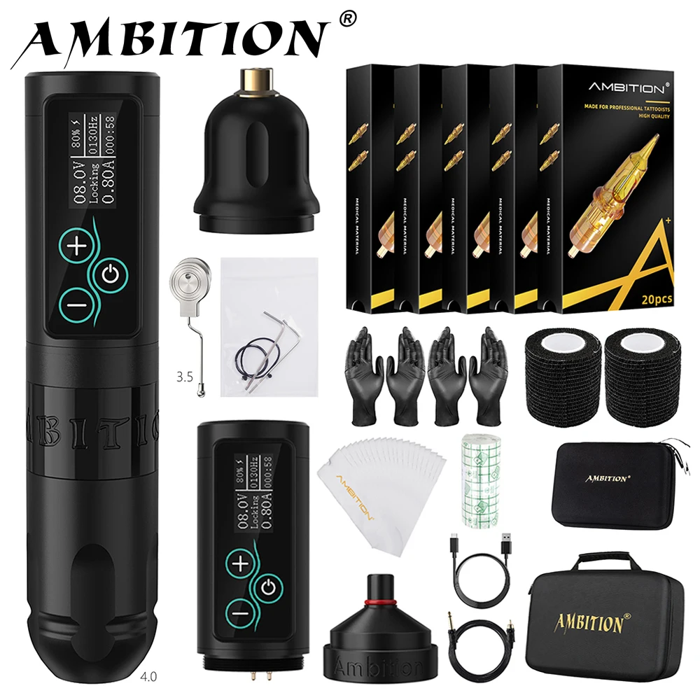 Ambition Vibe Professional Set Wireless tattoo machine kit Strong Coreless Motor 2400 mAh Battery for Tattoo Artist