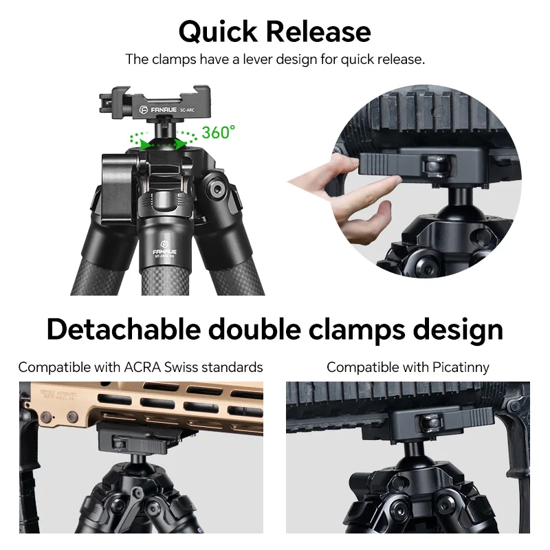 FANAUE Carbon Fiber Tripod for Outdoor Hunting with Quick Release Clamp Compatibility Arca Swiss/Picatinny/RRS Dovetail