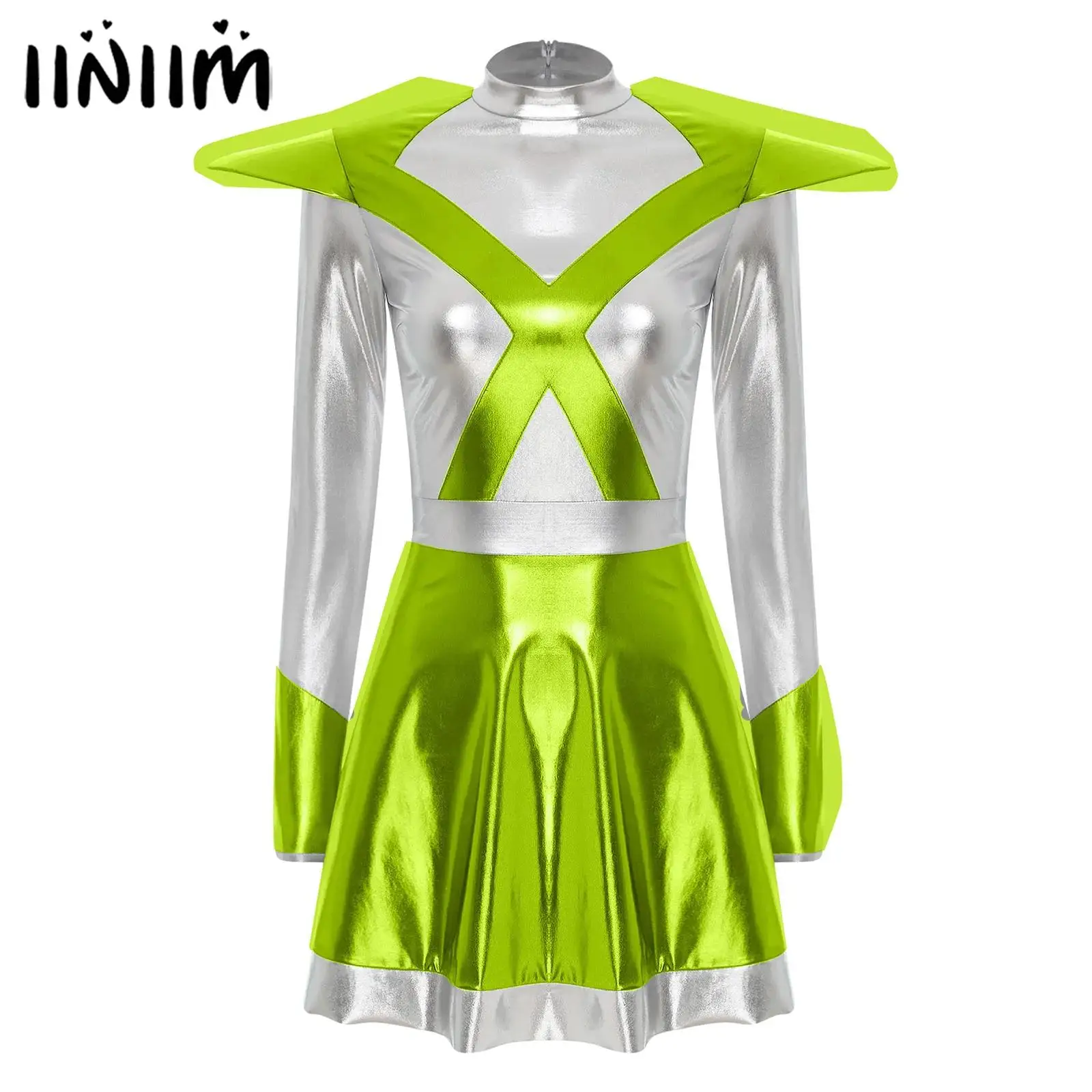 

Womens Alien Outer Space Astronaut Robot Cosplay Costume Halloween Outfits Metallic Shiny A-line Cutie Fighter Robot Dress