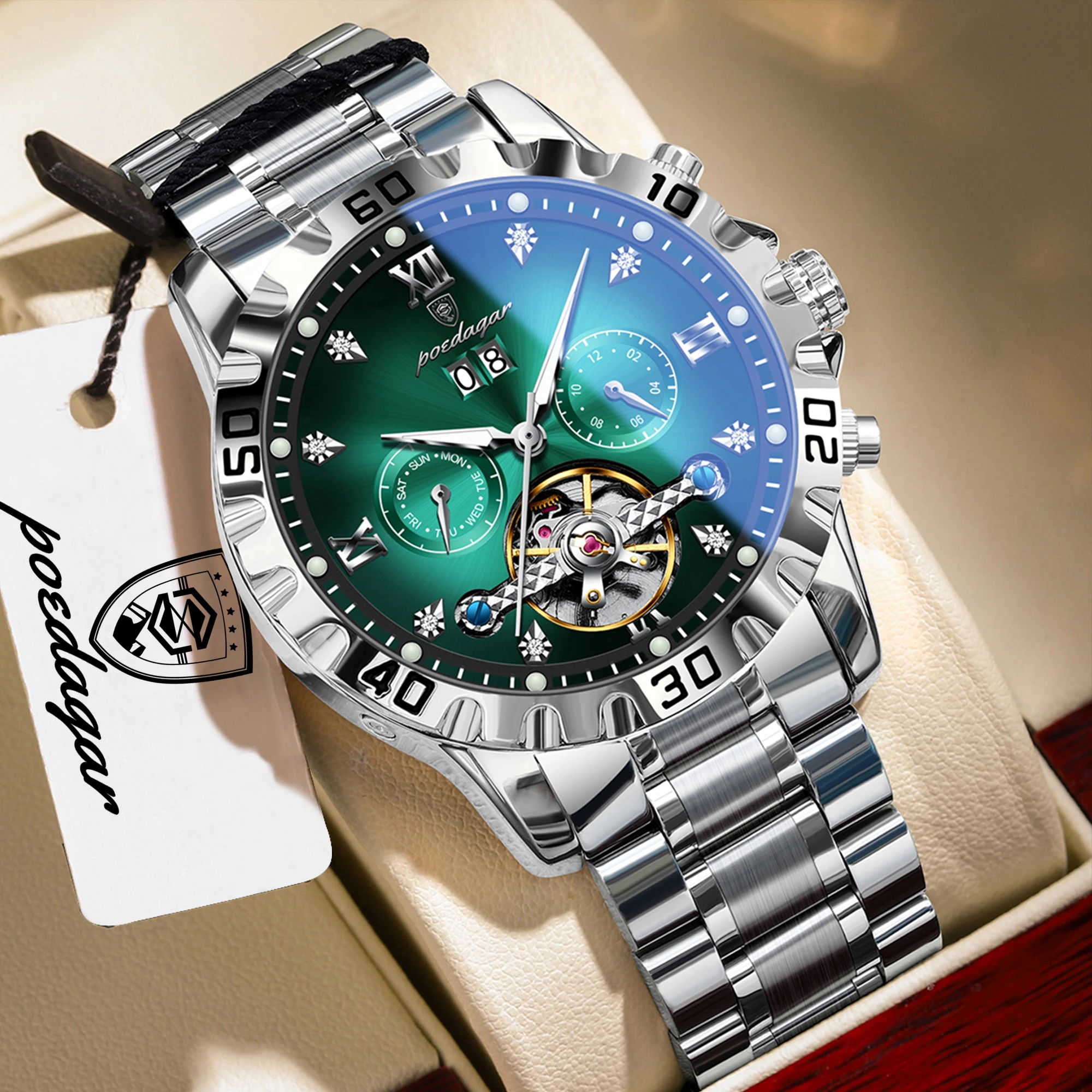 POEDAGAR Fashion Luxury Men Watch Automatic Date Week Man Wristwatch Hollow Tourbillon Mechanical Stainless Steel Men's Watches - view 2