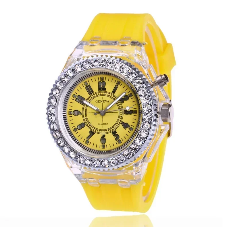 Relojes luminosos LED creativos Geneva, reloj de cuarzo para mujer, pulsera de silicona para mujer, relojes para mujer, 12 colores brillantes, regalo para niños