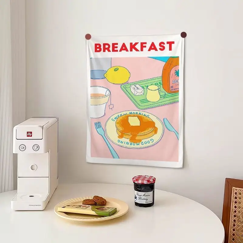 VIKAMA Frühstücks-Food-Wandteppich, niedliches Retro-Ei-Toast-Wandbehang für Schlafzimmer und Wohnzimmer, Polyester, ästhetische Dekoration