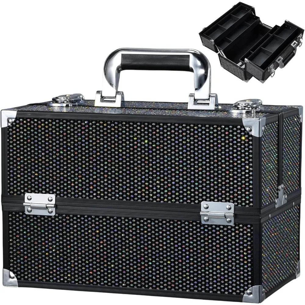 Large Professional Makeup Train Case with 4 Trays, Lock & Adjustable Compartments for Cosmetics Storage