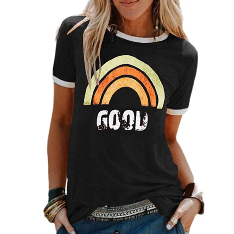 

Rainbow Graphic T Shirts Letter Print Casual Loose O Neck Short Sleeve T Shirt Summer Fashion Plus Size Women Streetwear Vintage