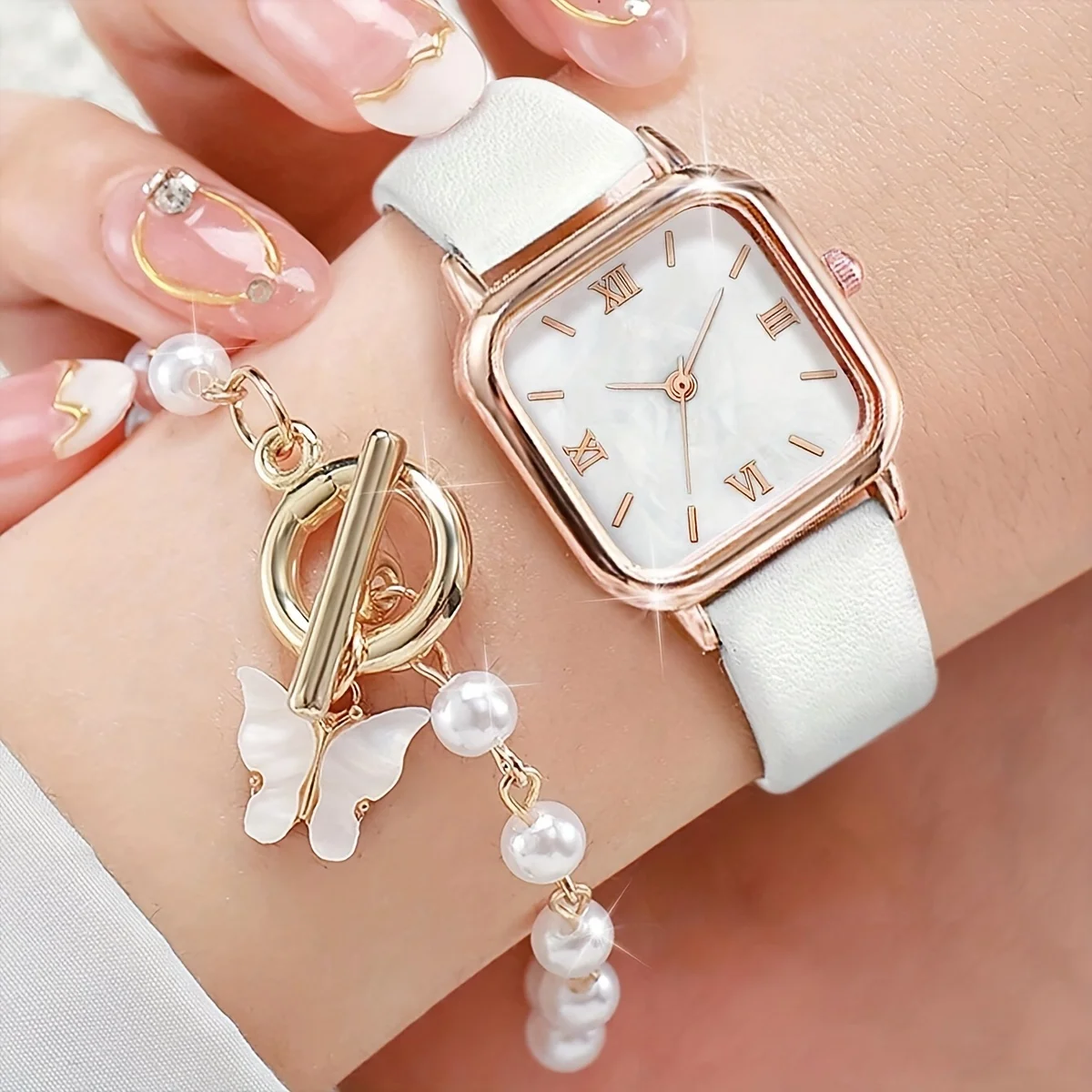 1pc Roman Decor Quartz Watch & 1pc Bangle Children's Watch Set