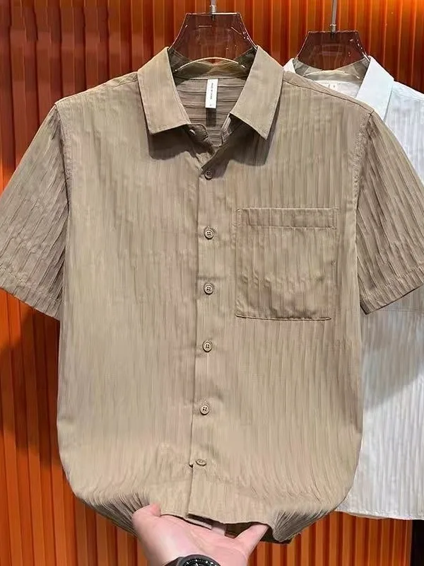 

Summer Short Sleeve Men's Shirt Bubble Cloth Embroidery Ice Silk Quick Dry Handsome Half Sleeve Shirt Breathable Th...